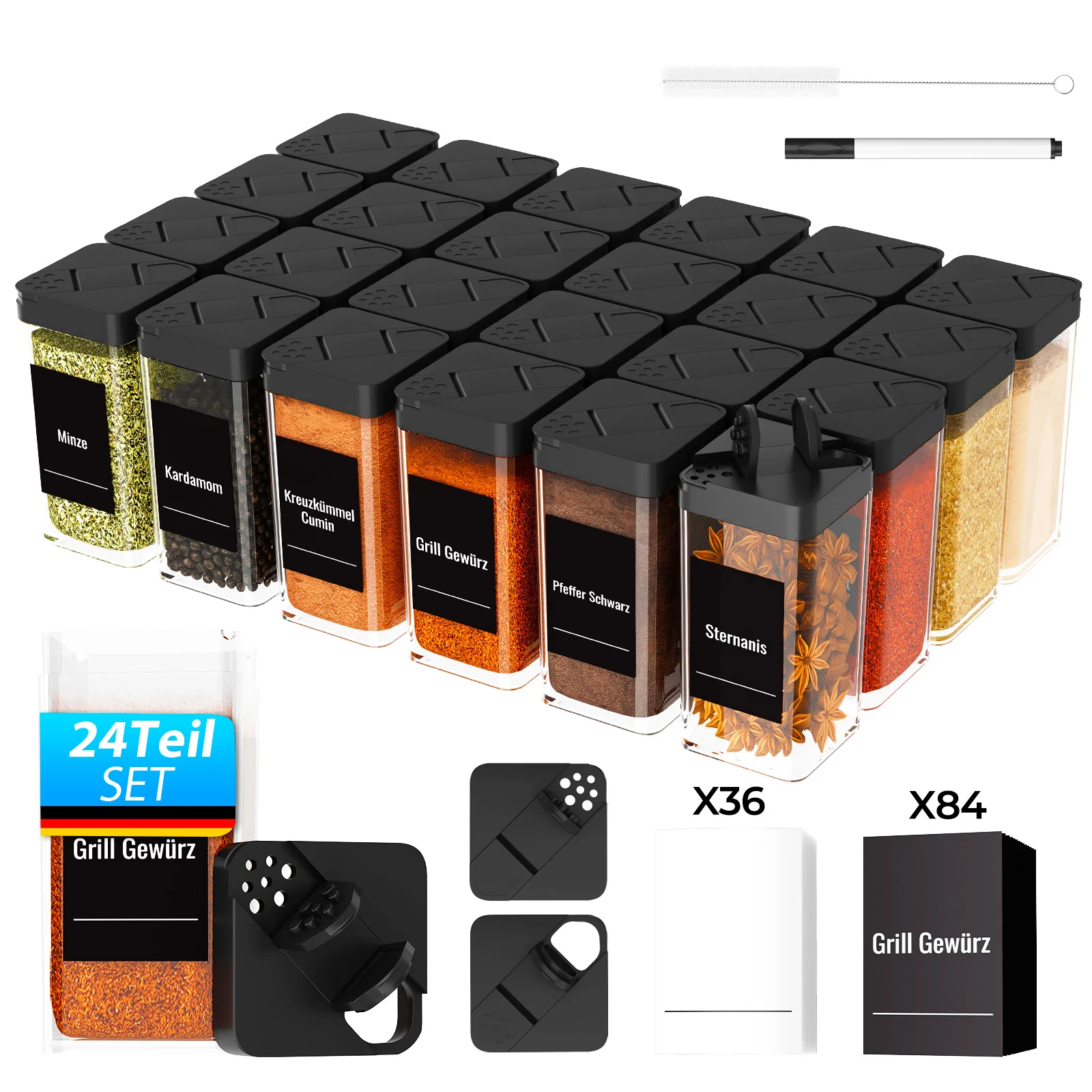 SSquare Gewürzdosen-Set mit Doppelloch-Deckeln (24 Stück × 120 ml) + 120 Etiketten, hochwertige Gewürzvorratsgläser, 8,7 x 4,3 cm