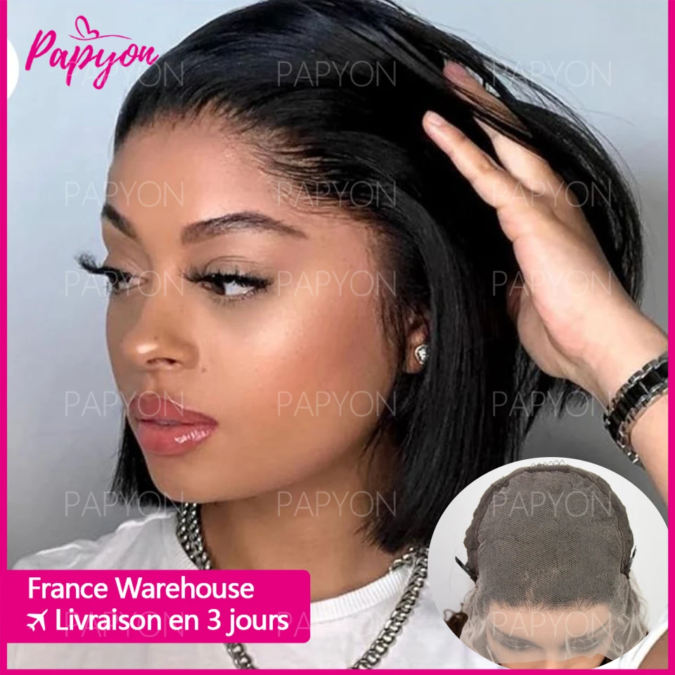 Perruque Courte 13X6 Transparent 15A Bob Wig Perruques Cheveux Humains Wigs Human Hair Cheveux Humain Naturel Droit Human Hair