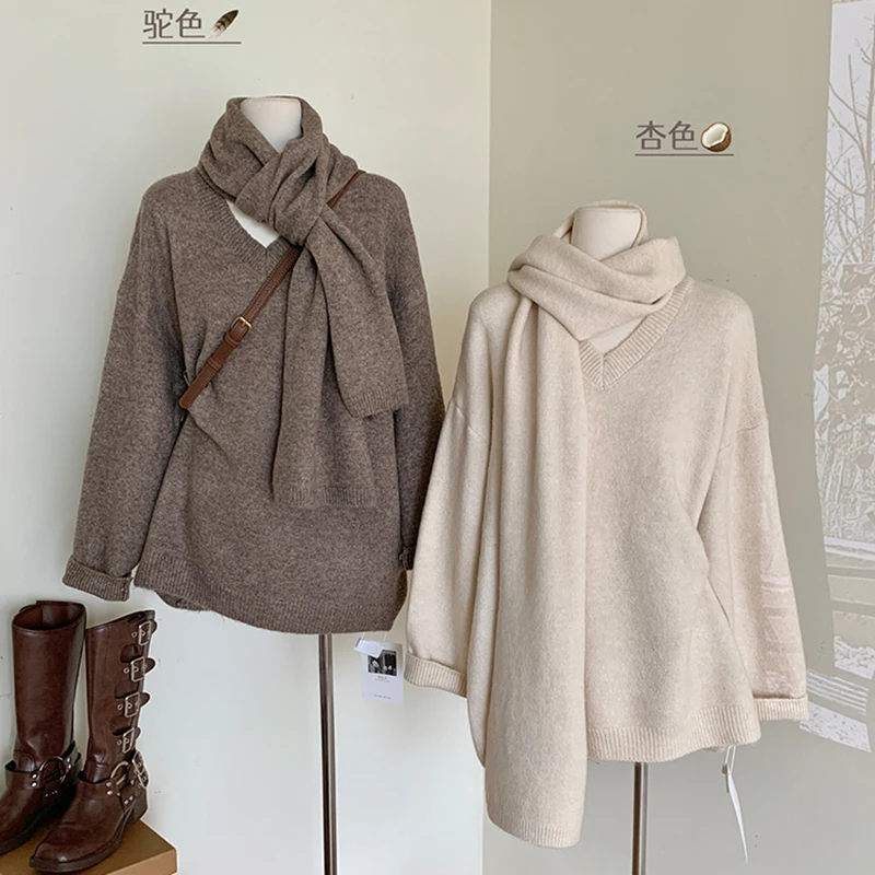 Winter Sweaters Women V-neck Casual Korean Style Fashion Knit Tops Long Warm Sweater Femme Pullover 2023 New