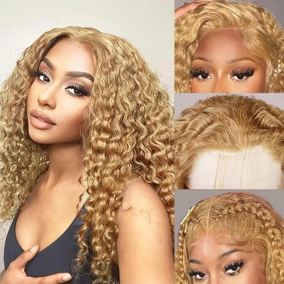 Wiggogo #27 Honey Blonde Lace Front Wig 13X6 Deep Wave Frontal Wig Curly 100% Human Hair 13X4 Colored Preplucked Brazilian Wig image 2