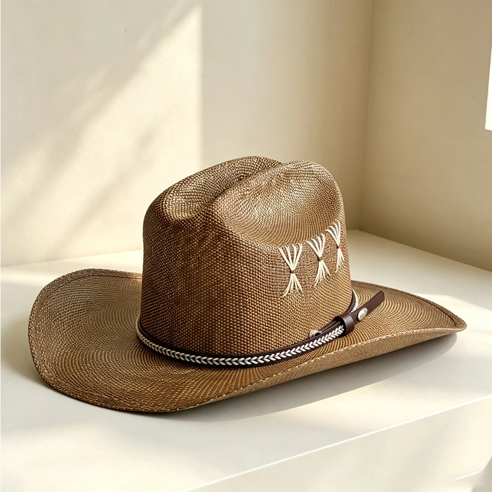 Vintage Imported Paper Straw Cowboy Hat Hand Tassel Embroidery Double Dent High Crown Wide Brim Sun Hat Braided Leather Band Wes