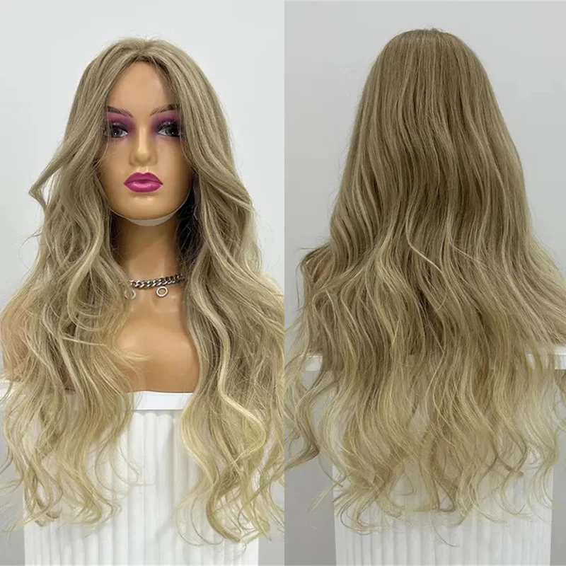 28Inch Natural Wavy Lace Front Wigs for Women Ombre Blonde Highlights Synthetic Hair Wig Heat Resistant Fibre Daily Party Use