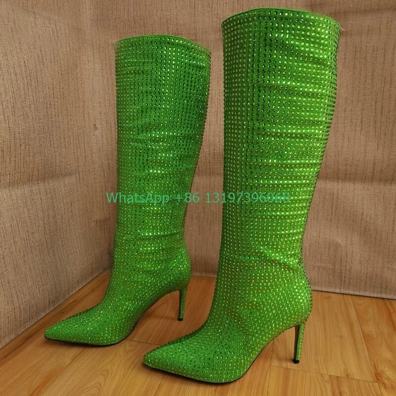 سيدة الأزرق بلينغ حجر الراين أحذية الركبة مثير اللون مشرق أشار تو أحذية T تظهر عالية الكعب فارس أحذية باردة الصيف الربيع الأحذية