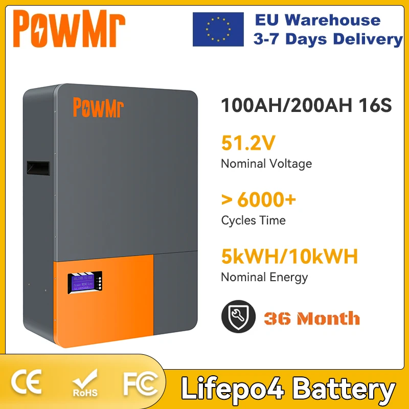 PowMr EU Stock BMS RS485  200AH 100AH Lithium Battery 51.2V 10KWH 5KWH Energy Solar LiFePO4 Battery 6000 Cycles Up to 16 Series