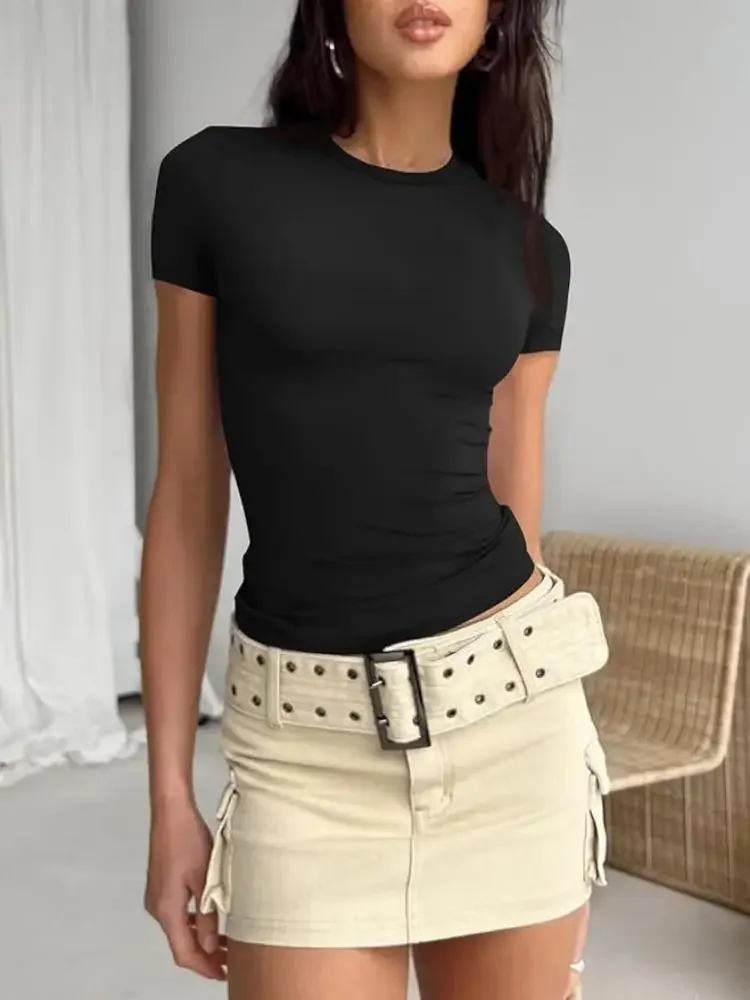 Damskie koszulki z krótkim rękawem Causal O Neck Solid Slim Fit Tee Summer Sexy Basic Crop Top Simple T Shirt Female Y2K Tops Clothes — zdjęcie 2