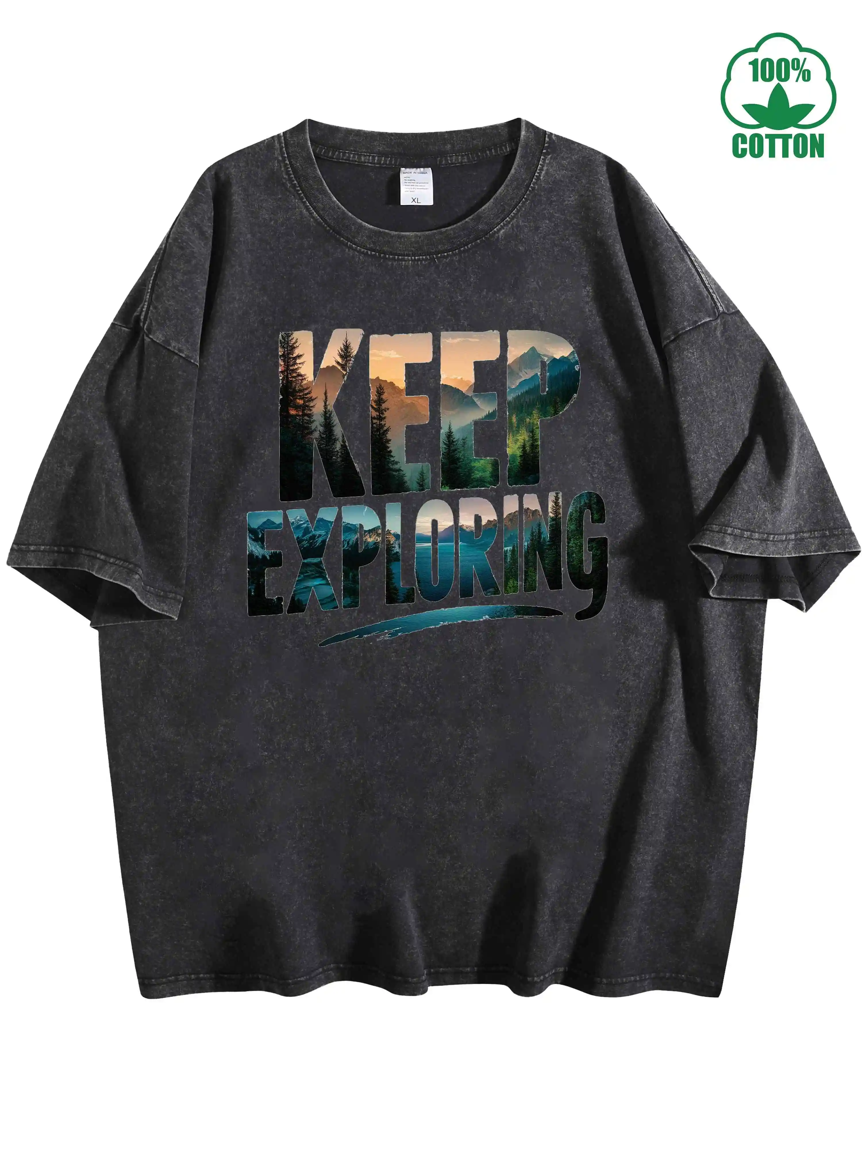 تي شيرت Freedom Keep Exploring 100% قطن عتيق مغسول 230 جرام ملابس شارع مريحة كبيرة الحجم