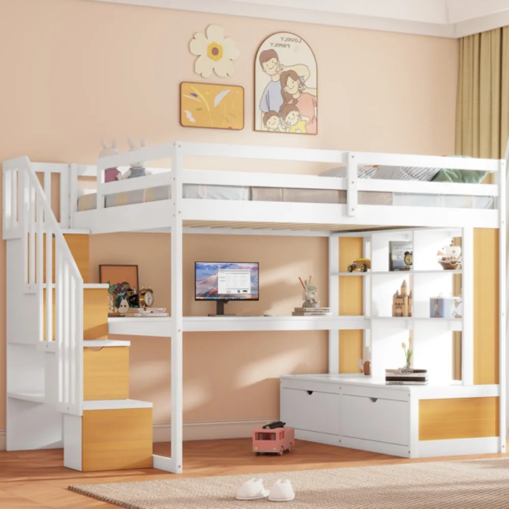 Cama alta de tamaño completo con cajones de escritorio Escalera de almacenamiento Adecuado para dormitorios escolares y dormitorios infantiles pueden guardar escritorios