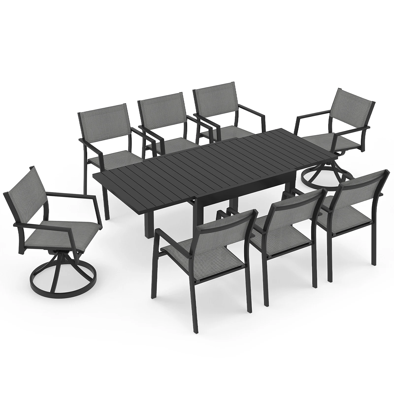 SEEHILL 9-Piece Extendable Patio Dining Set, Never-Rust Aluminum Outdoor Dining Set with 2 Swivel Chairs, Expandable Outdoor Dining Table and 6 Stackable Dining Chairs for Porch, Lawn, Garden, Black
