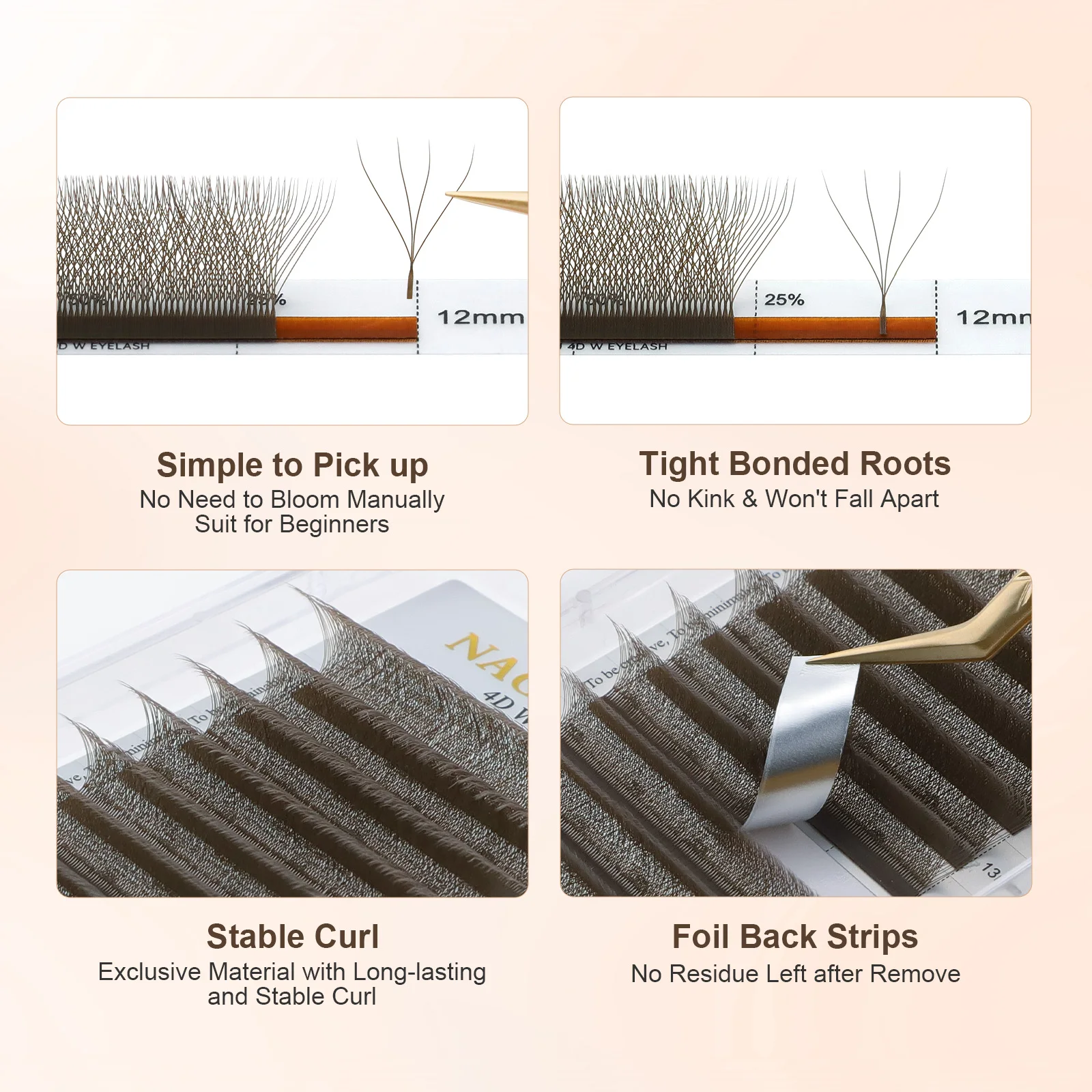 NAGARAKU Braun Dunkelbraun 3D/4D/5D W-Form Handgewebte Vorgefertigte Fächer-Wimpernverlängerungen Volle Wimpern Natürlich Weich Leicht Matt Dicht – Detail 4