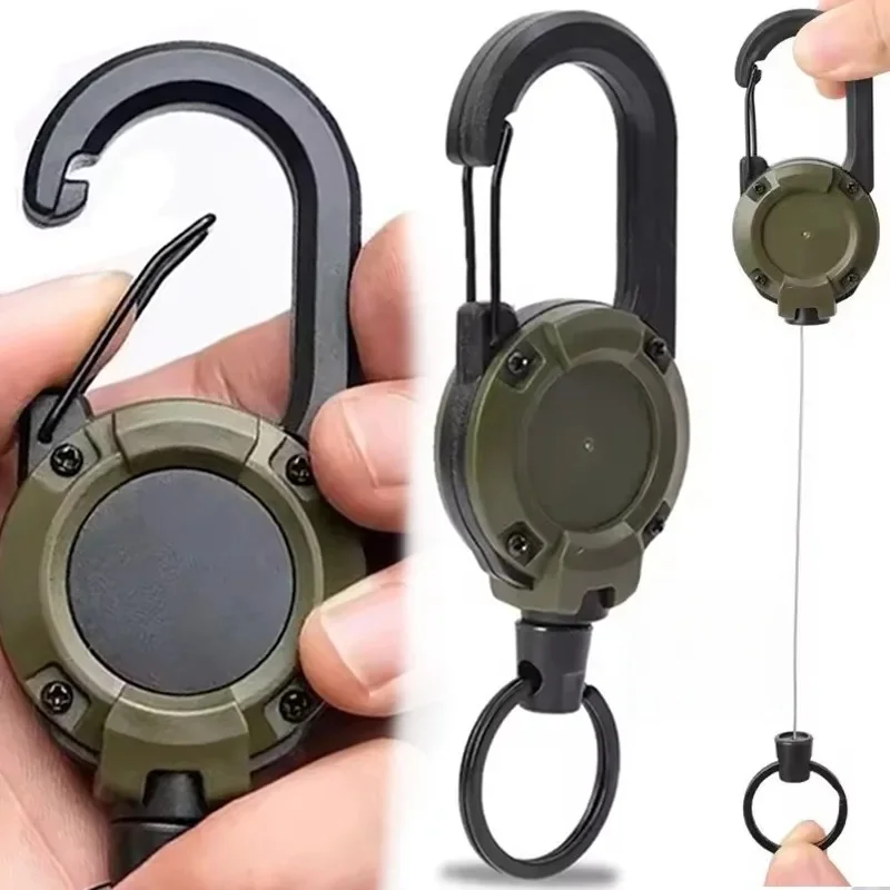 Porte-clés en corde rétractable, mousqueton à bobine, boucle en fil d'acier solide pour hommes, porte-clé extensible pour l'extérieur