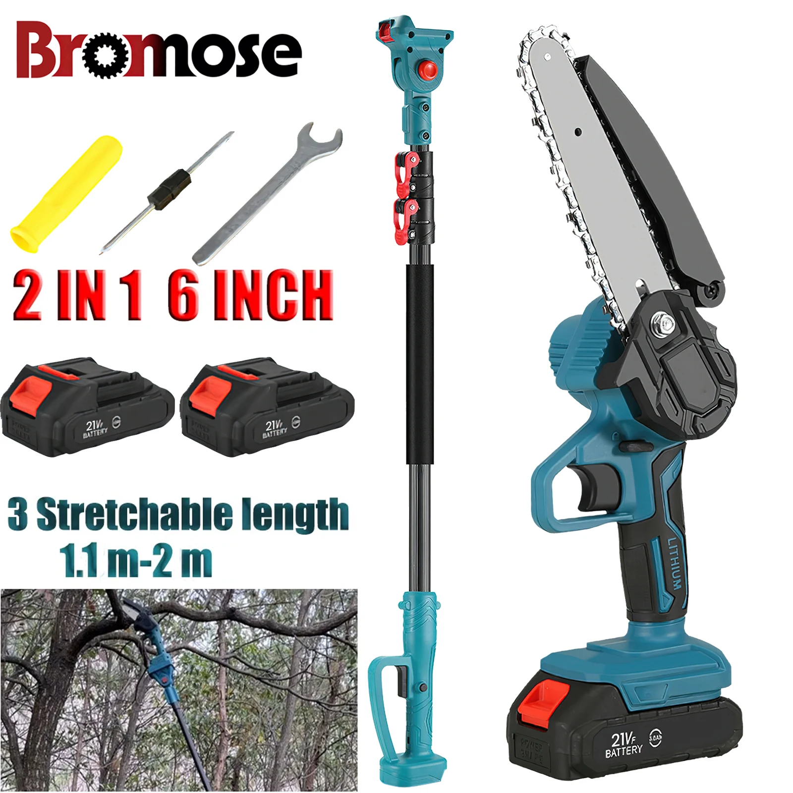 Bromose – scie à branches hautes de 6 pouces, outil électrique d'élagage de jardin, poteau télescopique sans balais, tronçonneuse électrique pour broche de batterie Makita 21V