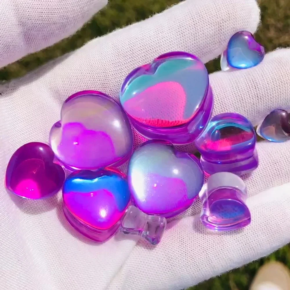 Tunnel et bouchons d'oreille en verre, cœur violet Transparent, à la mode, Piercing solide, renforcé, extenseur de poids, jauges, bijoux pour le corps, 1 à 2 pièces
