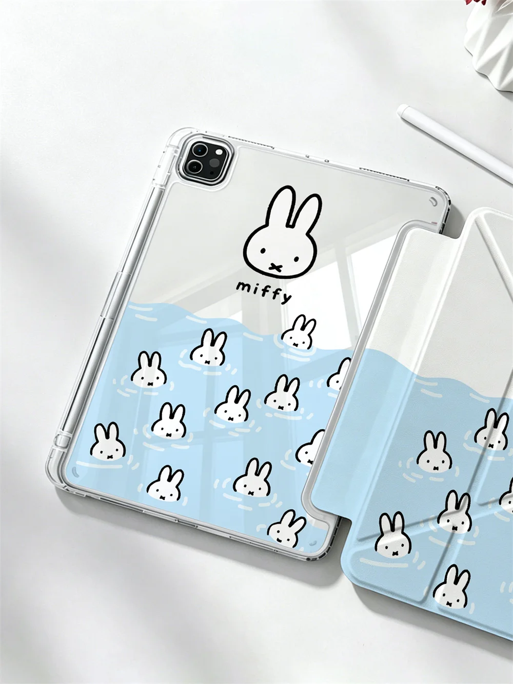 Kawaii Miffy Water Wave Print Crystal Clear Y-fold Double-sided Print Case For iPad Pro 11 Air4 Air5 10 Gen With Pencil Slot Sho - view 2