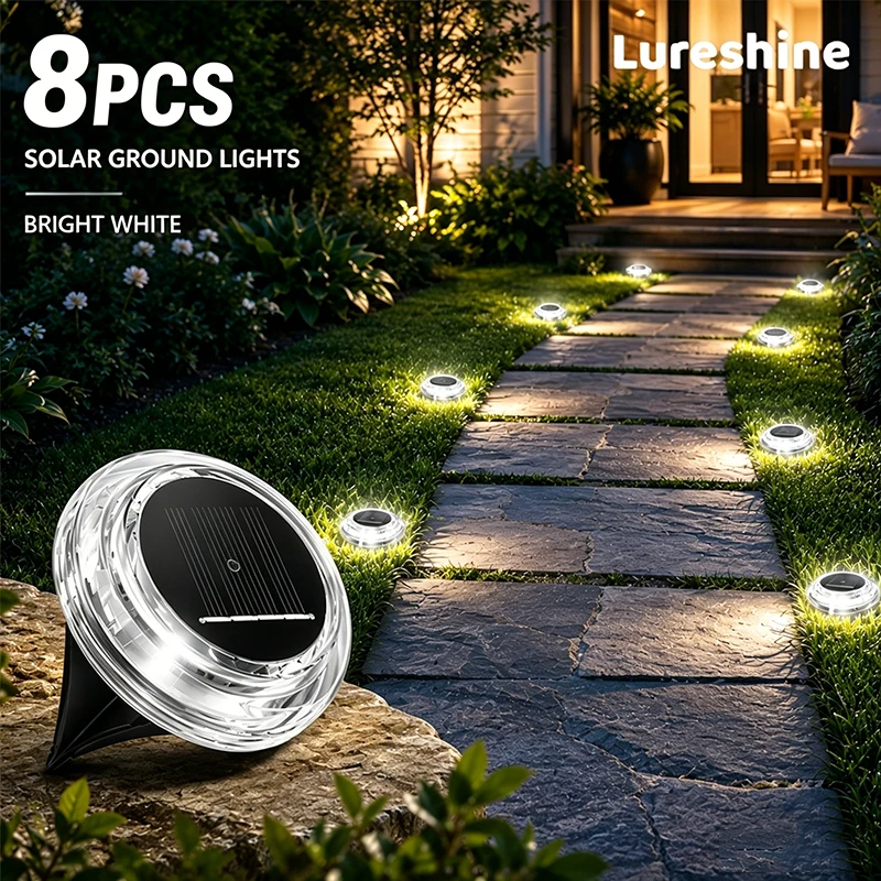 Lureshine 8 Pack Solar Ground Lights Outdoor Waterproof Solar Disk Lights For Pathway Yard Lawn & Garden Decoration Auto On/Off In-Ground Landscape Lighting For Walkway Driveway Patio