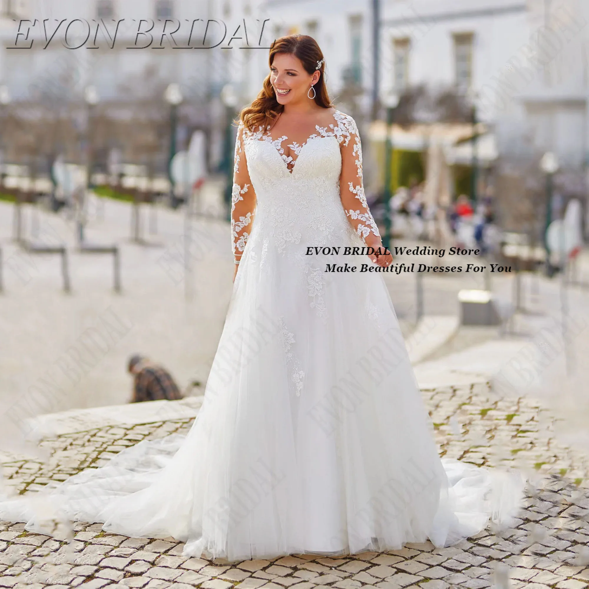 EVON BRIDAL Full Sleeve Plus Size Bridal Party Gown See Through Lace Bride Dress Elegant Sweep Train Wedding Gown Customized