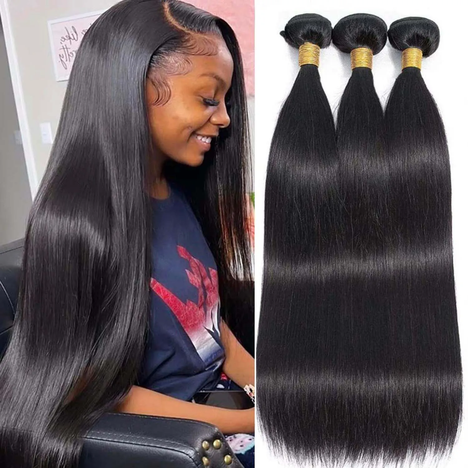 

Натуральные прямые пучки волос Remy для наращивания, 1/3 пучка, для женщин, натуральный черный цвет, необработанные волосы для наращивания