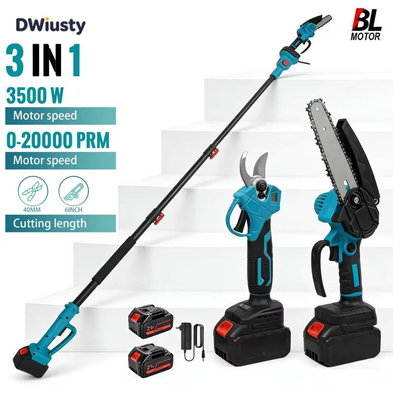 Motosierra Eléctrica sin Escobillas DWiusty de 3500W, Tijera de Podar Telescópica 3 en 1, Herramienta de Podar para Jardín y Árboles, Compatible con Baterías de 21V y 18V