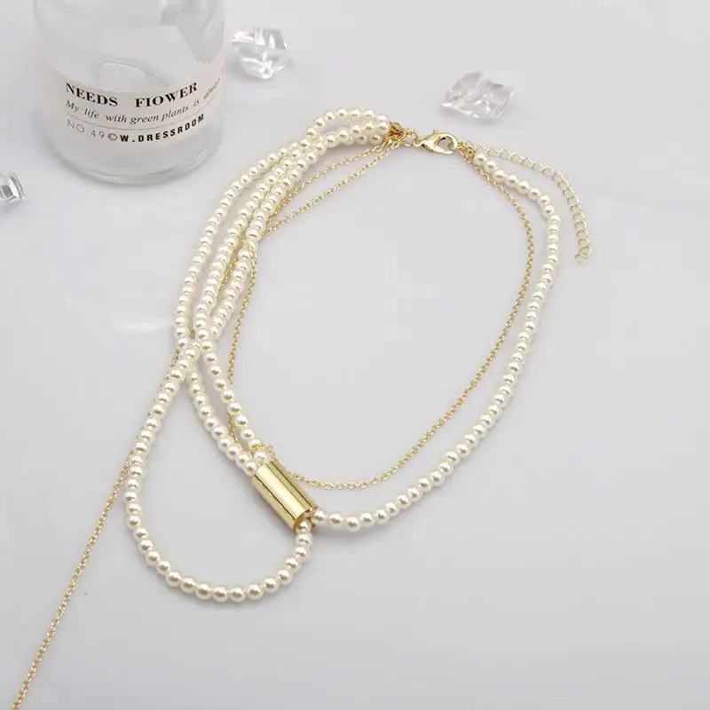 

I Elegant Layered Pearl Choker Necklace for Women Gold Chain Fashion Jewelry Korean Style