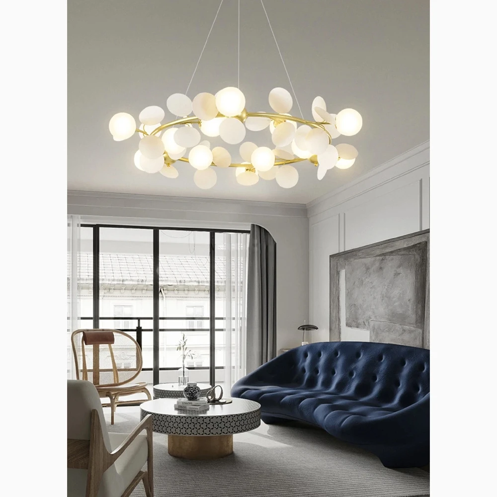 Modern Round Sleek Gold Glass Ceiling Chandelier Creative Design Hanging Drum Lighting Decoration Art Luxury