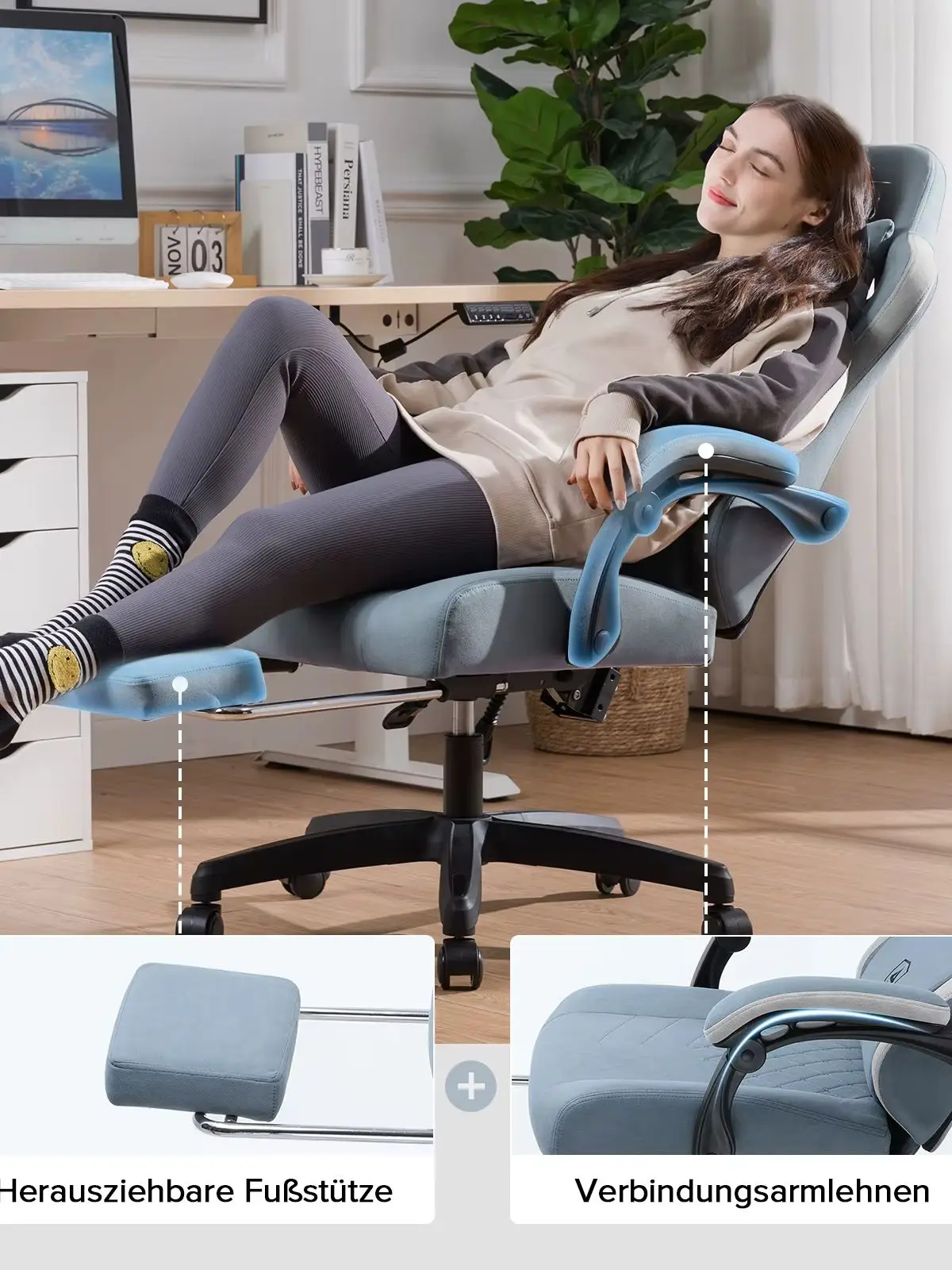 GTPLAYER Gaming Chair Ergonomischer Gaming Sessel Schreibtischstuhl mit Stoffoberfläche, Federsitzkissen, Verbindungsarmlehnen