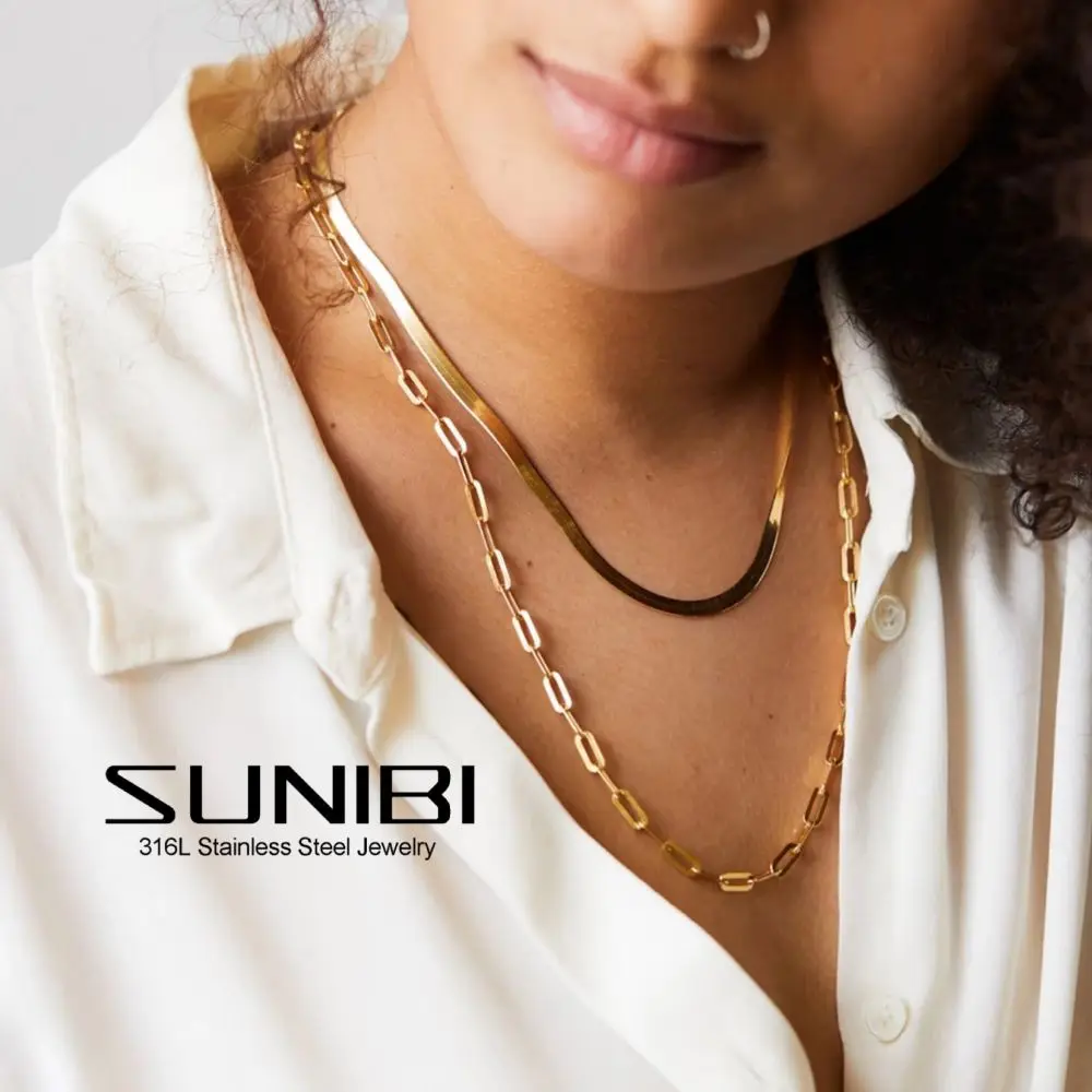 SUNIBI Stainless Steel Chokers Necklace for Women Girls Gold Color Link Chain Necklaces Party Jewelry Wholesale Dropshipping