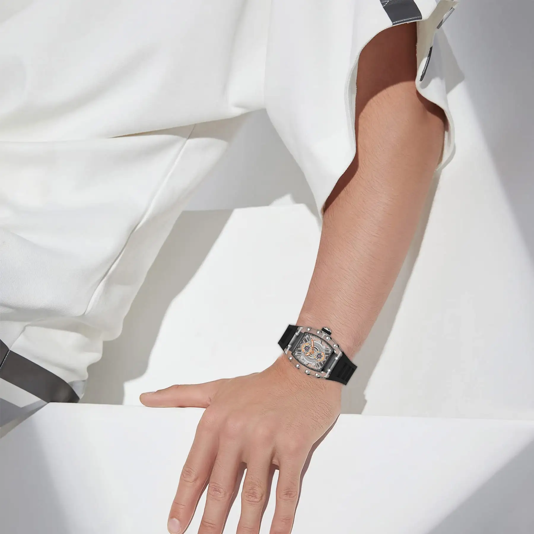 Mechanical watches TIELBO automatic menโs wrist watches crystal skeleton transparent watches wine barrel free smart watch