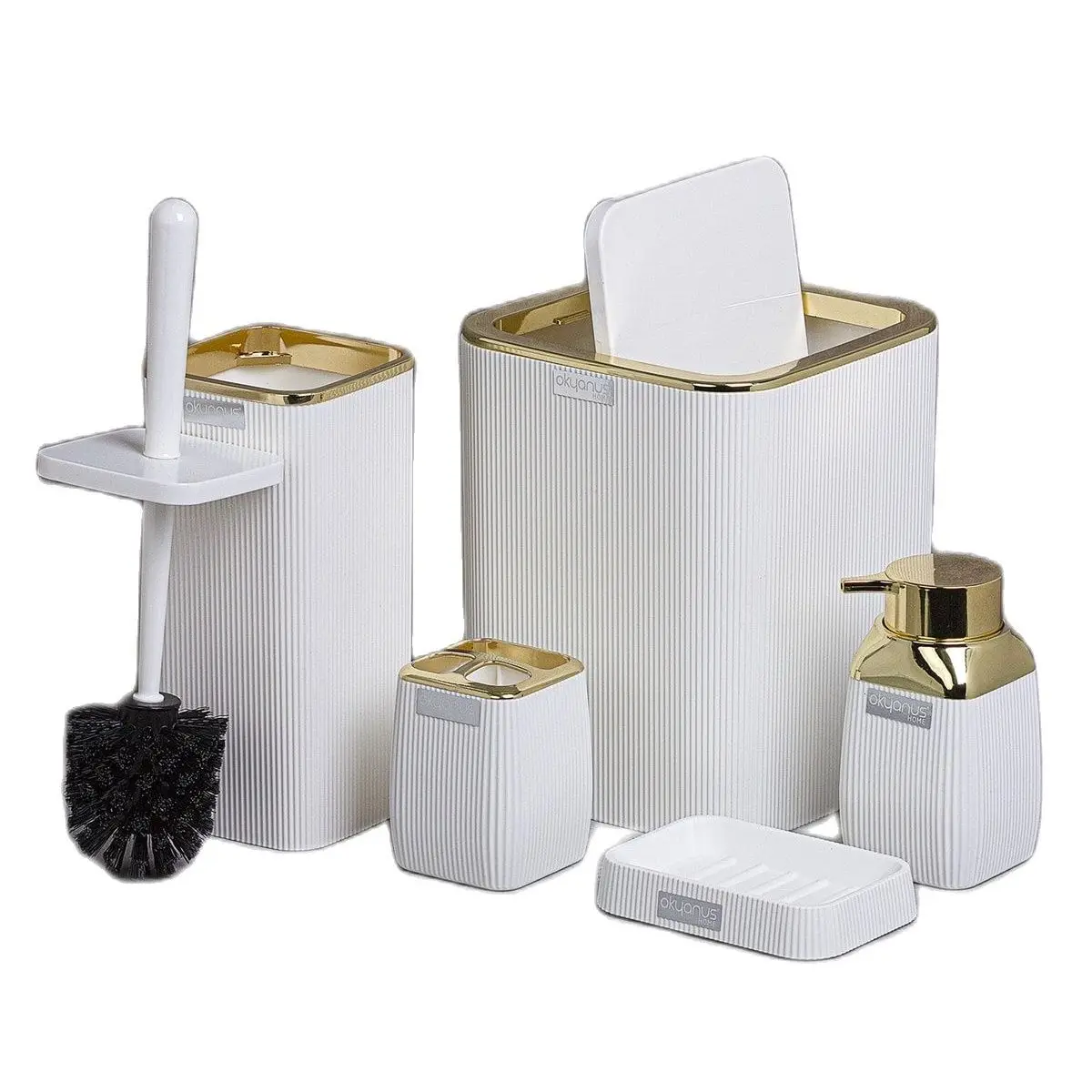 Bathroom Accessory Set White Gold Striped 5 Pcs Plastic Toothbrush Holder Liquid And Solid Soap Dispenser Toilet Brush Trash Can