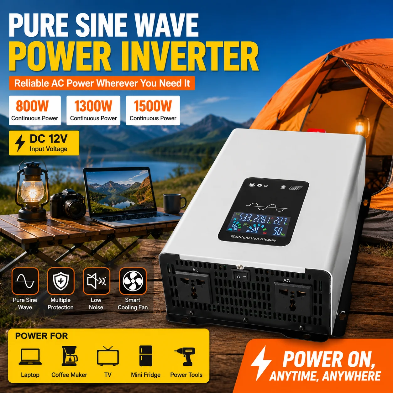 Pure Sine Wave Power Inverter 12V DC to 110V 220V AC 1600W Continuous 2600W Peak Power Converter With LCD Display Universal Sock