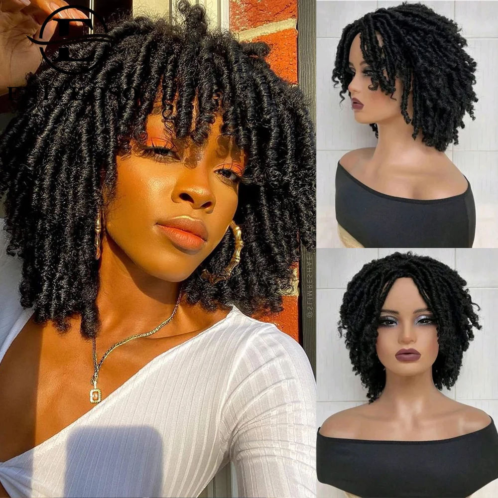 

Dreadlock Wig For Black Women And Men Short Twist Faux Locs Braided Wigs Natural Black Glueless Synthetic Afro Curly Wigs