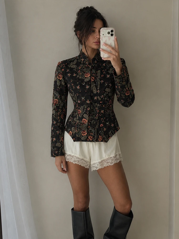 HH Elegant Women Floral Print Stand-Collar Cropped Jacket Vintage Autumn Female Long Sleeve Skirt Hem Slim Blazer Streetwear