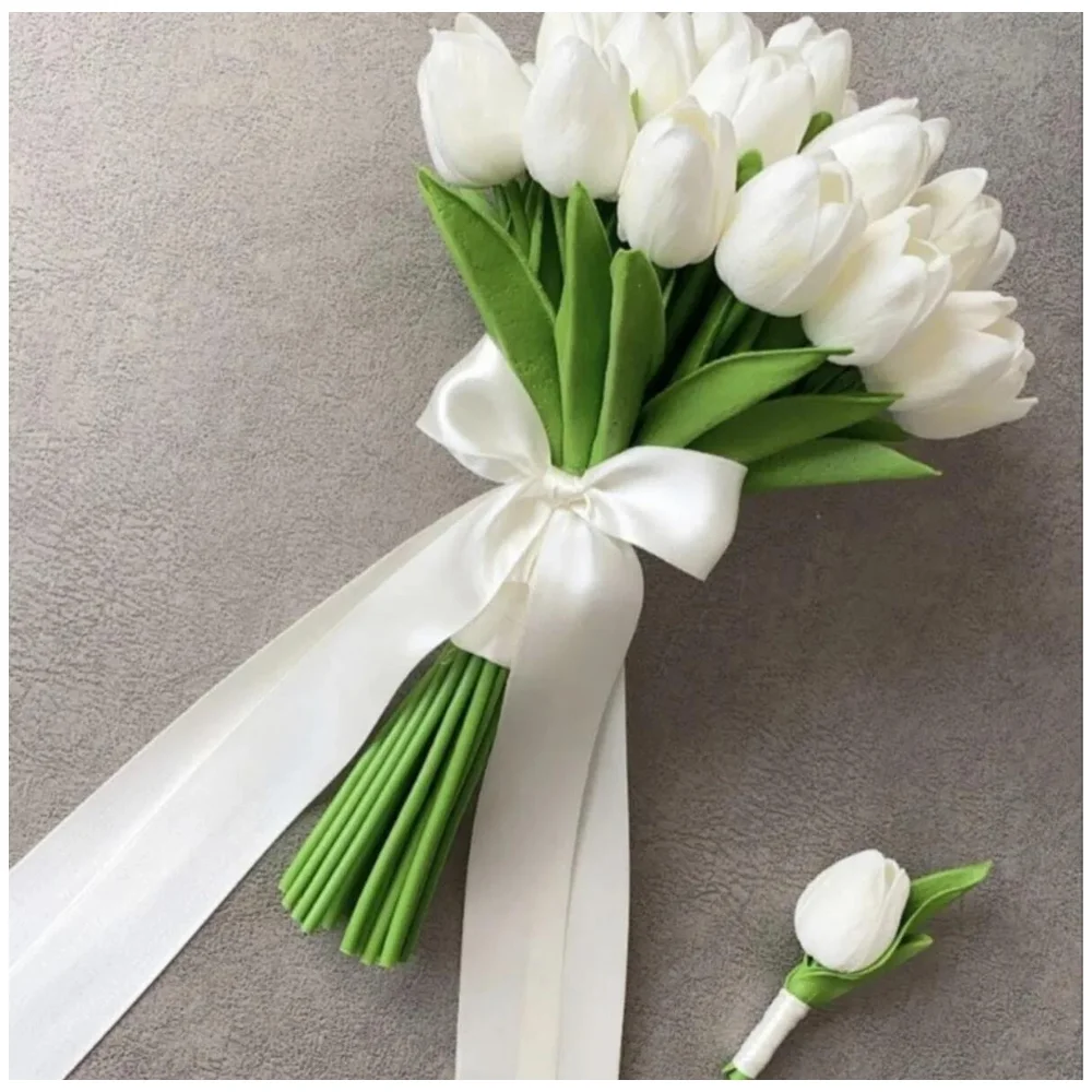 It Is A Bouquet Consisting Of 13 Pieces. Bridal Bouquet Sent as a Set with Groom Boutonniere There Are Pieces of Tulips Home Dec