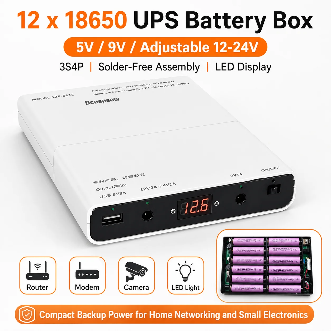 Obudowa na 12 baterii 18650 UPS, konfiguracja 3S4P, bezlutowa, DIY, obudowa power banku, zasilanie awaryjne 5V 9V 12-24V do routera, modemu. — zdjęcie produktu 5