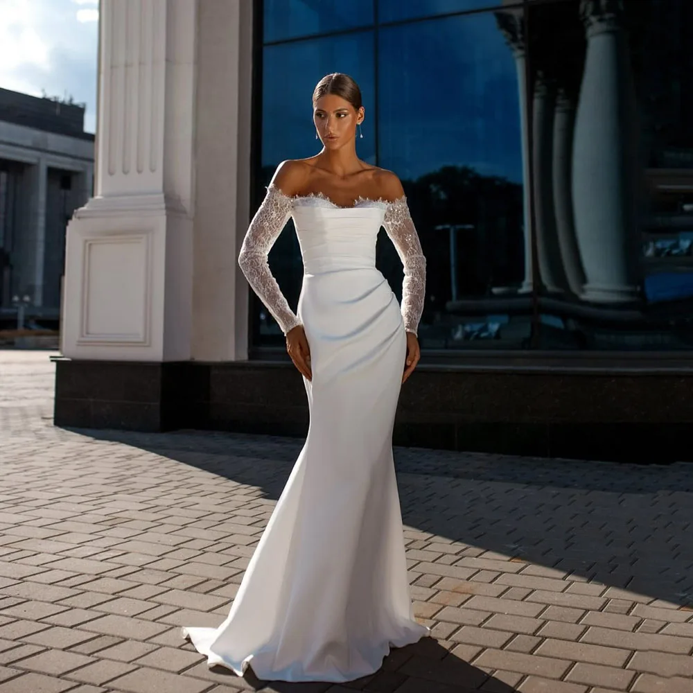 

MCDV Sweetheart Mermaid Exquisite Wedding Dress Pleat Open Back Off The Shoulder Lace Bridal Gown Vestido De Novia Customized