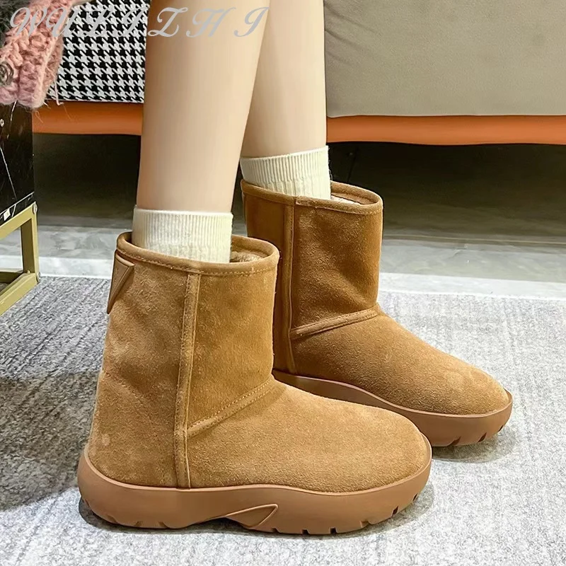 

Roman Style Thick Soled Bread Snow Boots for Women 2024 Winter Hot Style Wool Mid Calf Short Boots Plus Velvet Warm Shoe Leather