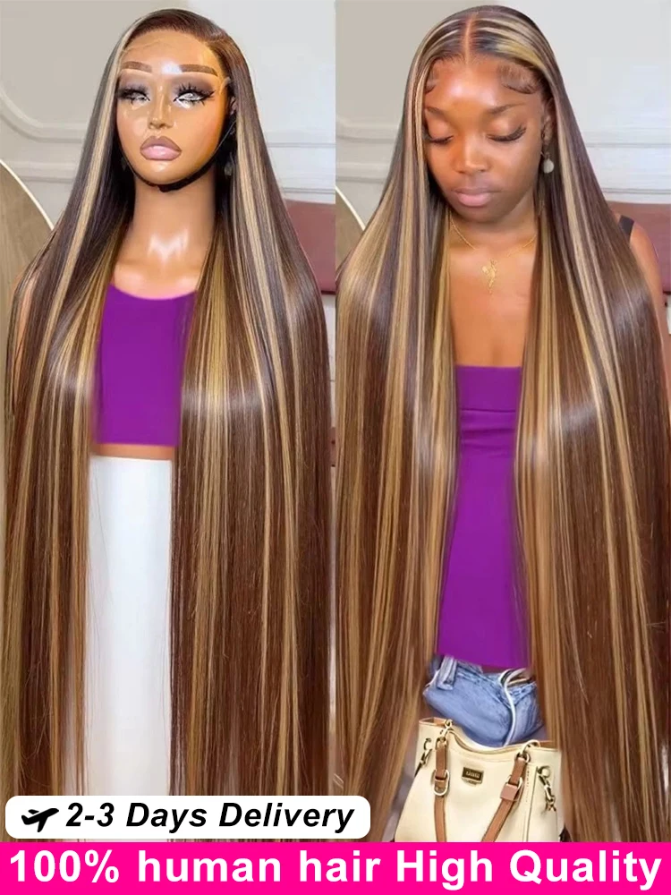

﻿ 250 Density Highlight Straight Human Hair Wig 42Inch 13x6 Hd Lace Human Hair Wig Honey Blonde Colored Deep Wave Wig For Women