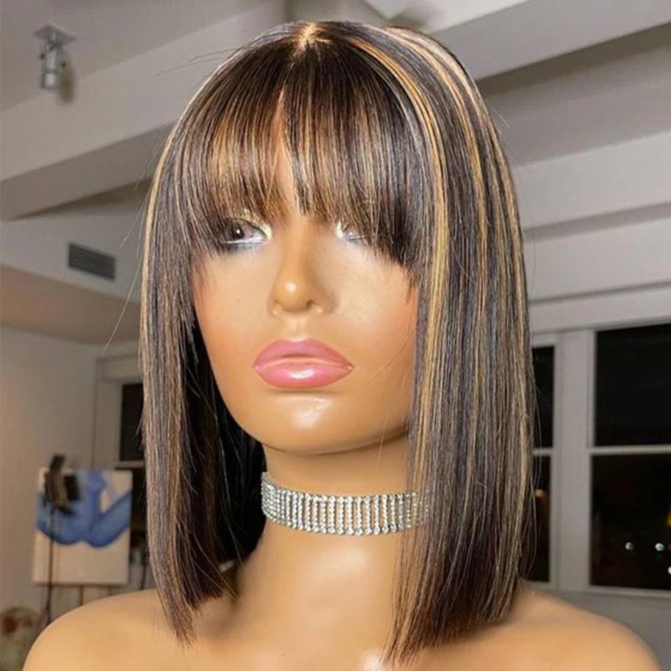 Straight Hair Short Bob Lace Wigs 100% Human Hair Wigs With Bangs #4/27 Natural Brown Middle Part Bob Lace Wigs Realistic Scalp