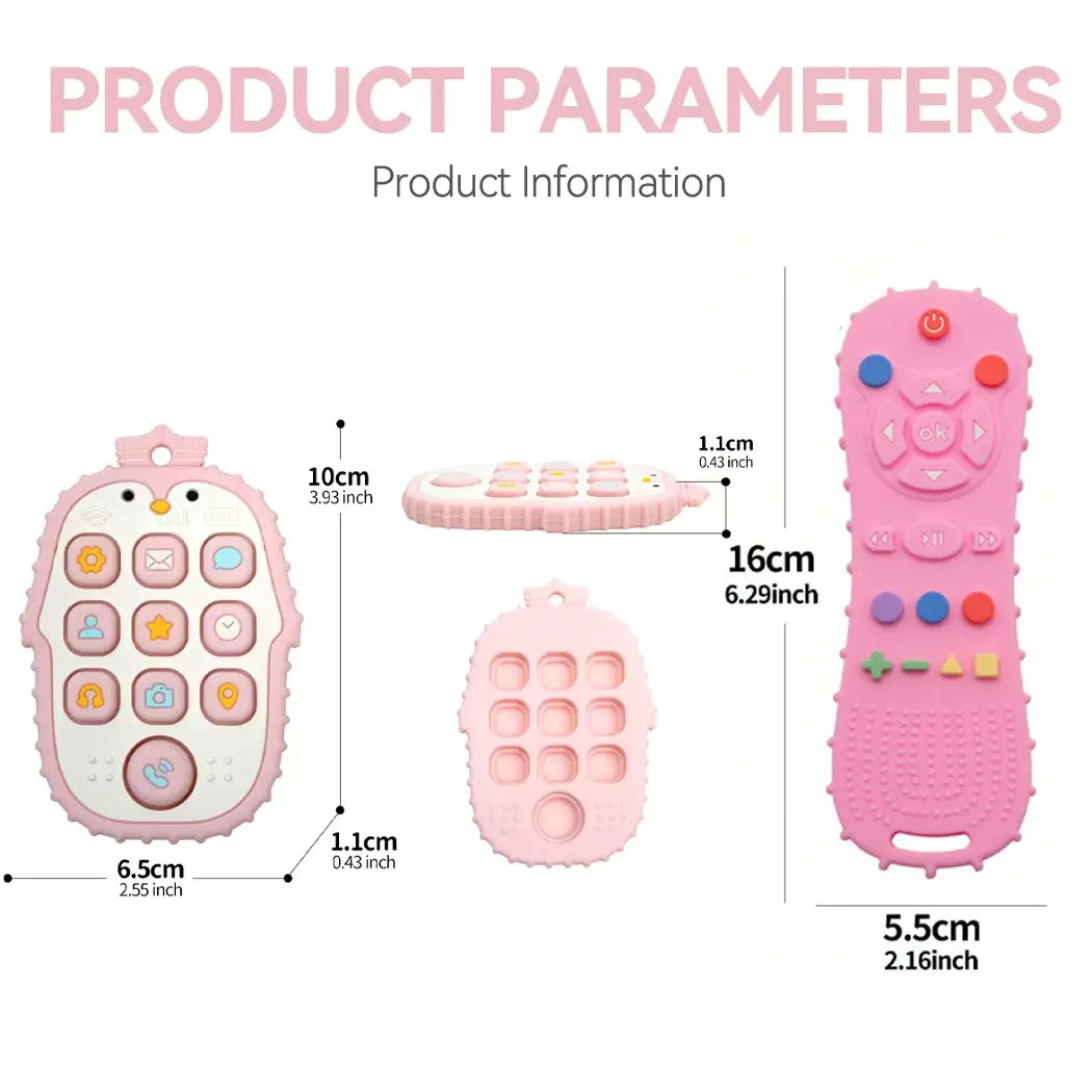 Baby Teether 2Pcs, Silicone Sensory Toy Phone and Remote Controller for Babies Molar