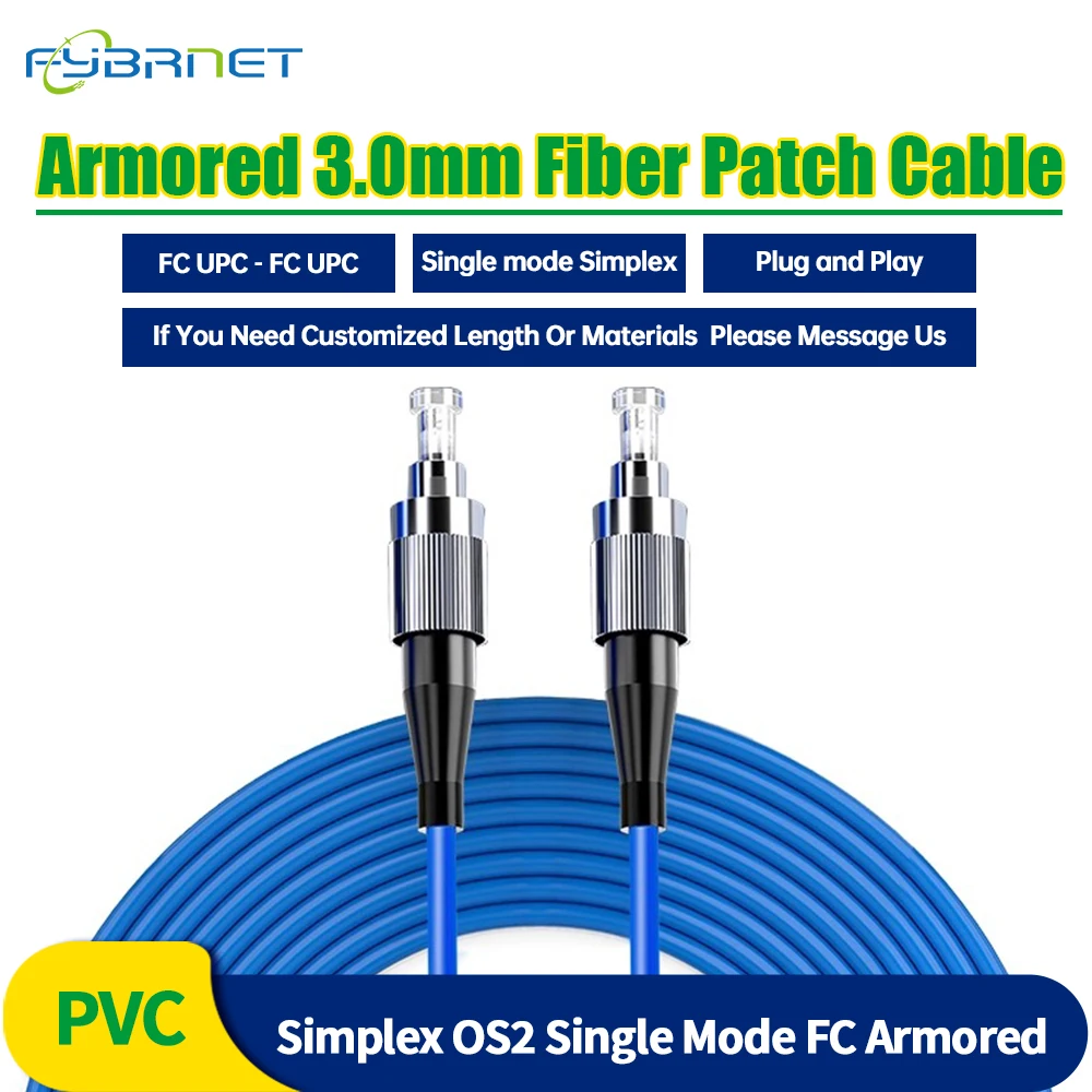 1/2/3/5M Indoor G657A1 Simplex OS2 Single Mode FC UPC to FC UPC Armored 3.0mm Fiber Optic Patch Cable