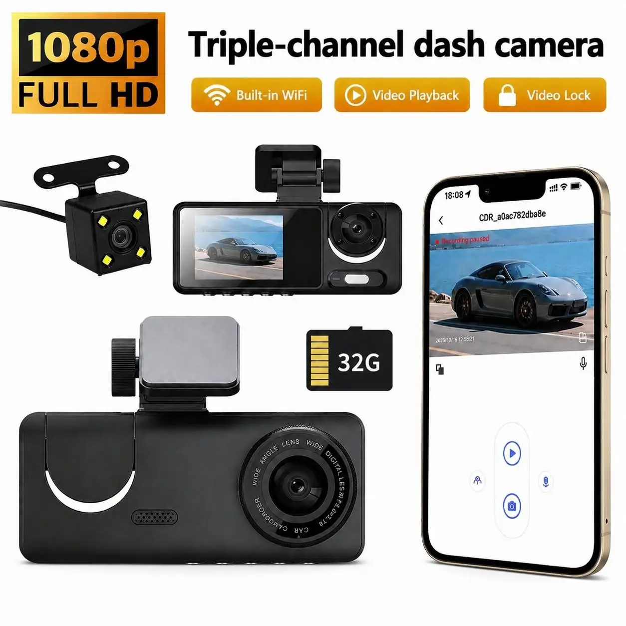 3 Channel Dash Cam, 1080P Dash Camera for Cars with WiFi App Control, Night Vision, Loop Recording, G-Sensor, 24H Parking Mode