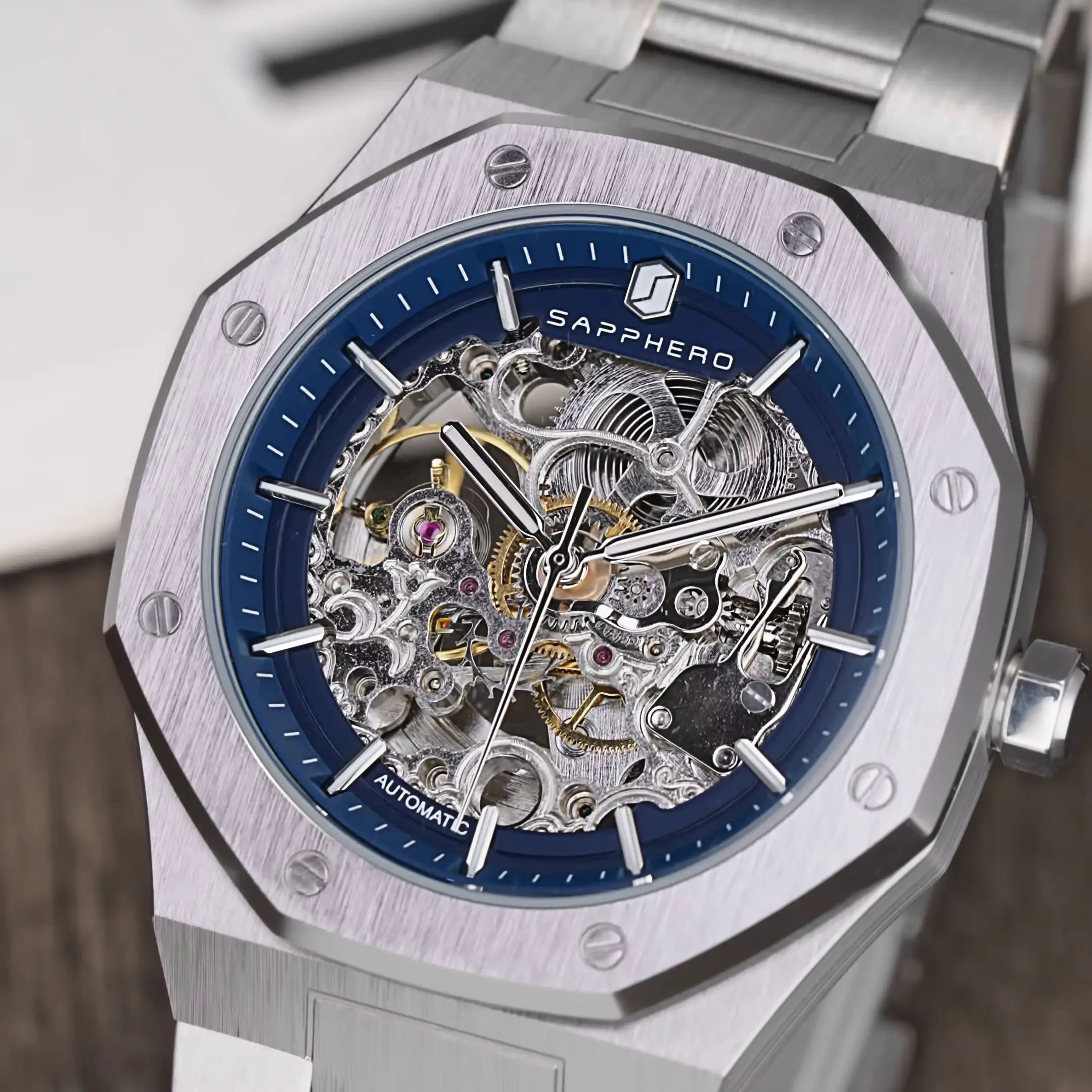 SAPPHERO Men's Automatic Mechanical Skeleton Watch Stainless Steel Watch Luminous Dial Transparent Back Dress Sport Wristwatch