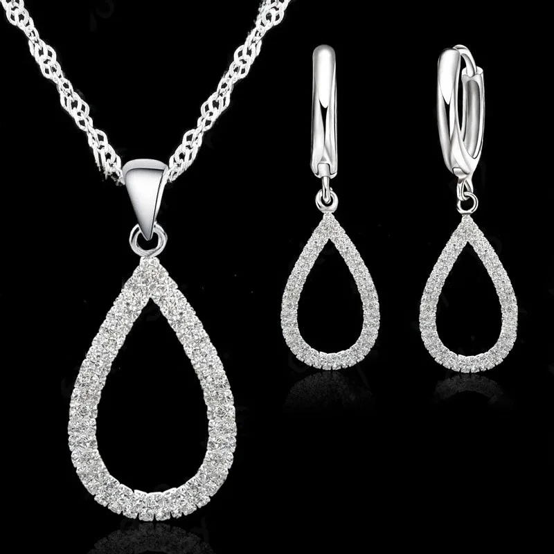 925 Sterling Silver Stamped Bridal Jewelry Sets CZ Crystal Water Drop Necklaces Hoop Earrings Women Girls Engagement Anniversary — zdjęcie 2