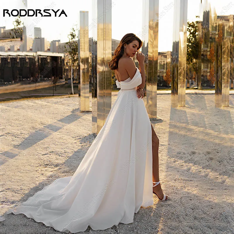 فستان زفاف مكشوف الكتفين للنساء من RODDRSYA بفتحة عالية على شكل حرف a Vestido De Novia ، فستان زفاف لؤلؤي ، برباط من الساتان الناعم  بفتحة عالية على شكل حرف a Vestido De Novia ، فستان زفاف لؤلؤي ، برباط من الساتان النا