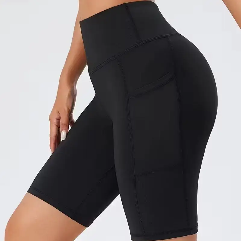 AliExpress NONE Women's High-Waisted Shorts with Pockets Slim Fit Leggings, Breathable and Moisture-Wicking Summer Style, Suitable for Cycling