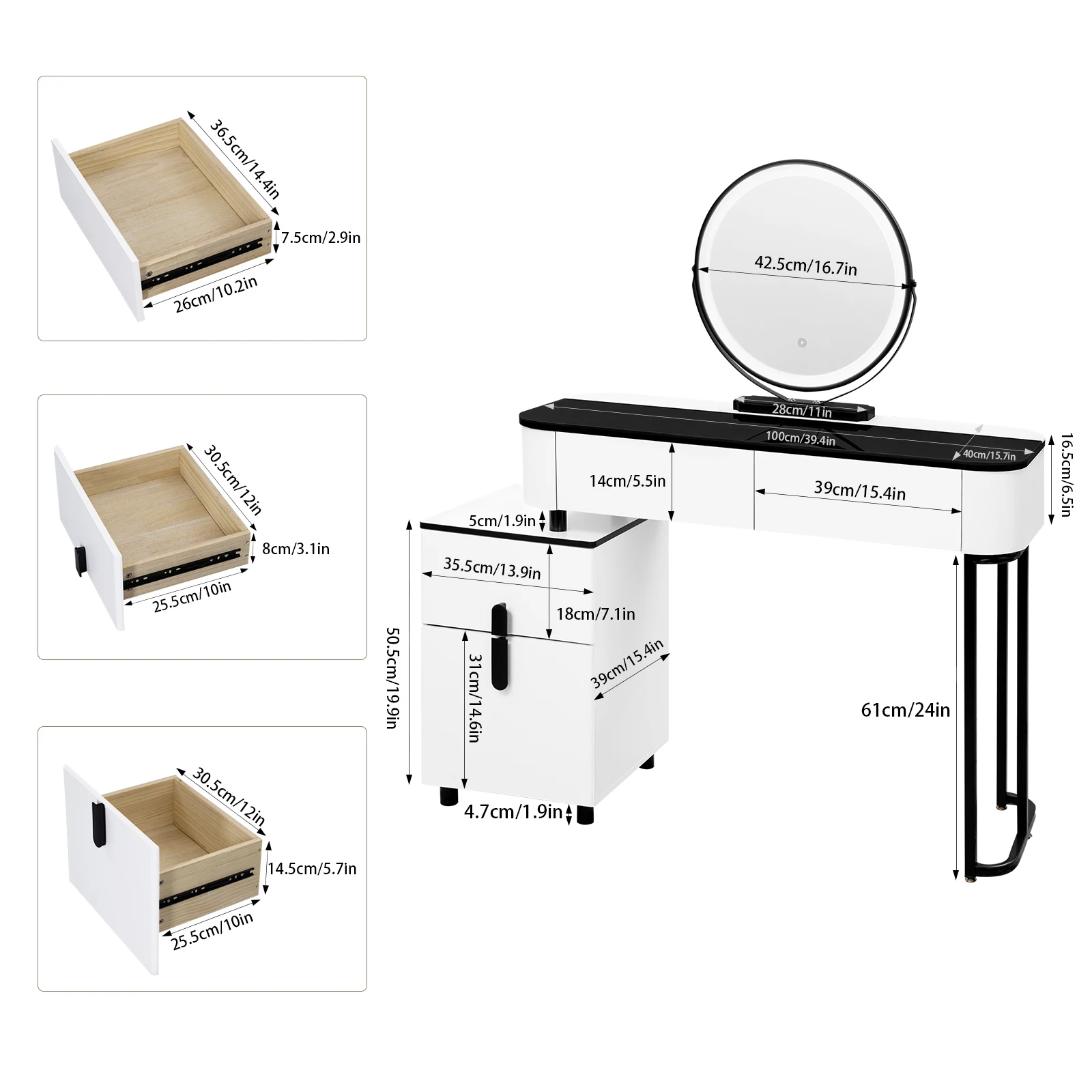طاولة تزيين حديثة من WOLTU مع إضاءة LED 3 ألوان للفتيات والنساء وأدراج طاولة مستحضرات التجميل 1 خزانة جانبية