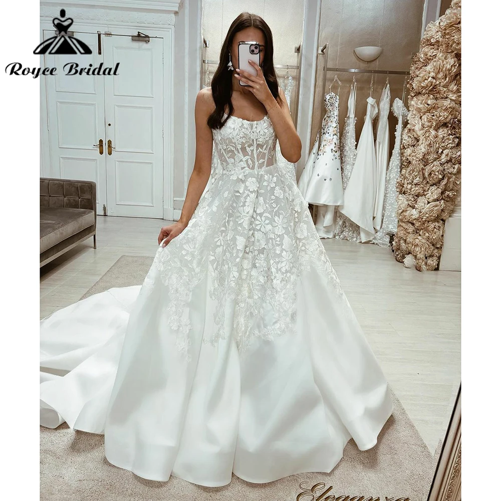 Sexy Corset Sleeveless Lace Appliques Top Satin Sweep A Line Wedding Dress Custom For Women Bridal Gown vestidos de novia robe