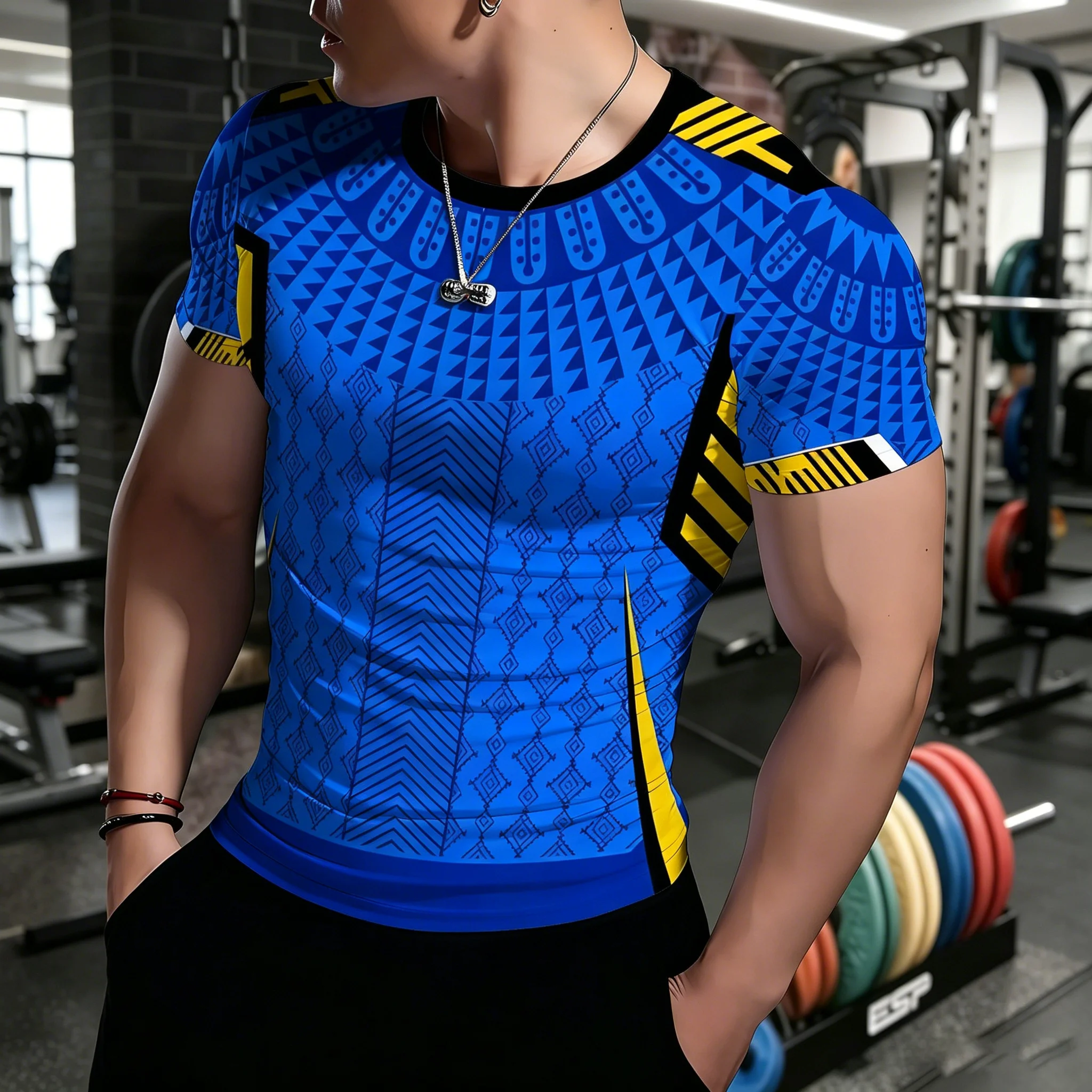 Herren Kompressions-T-Shirt mit geometrischem Tribal-Print, atmungsaktiv, schnelltrocknend, hochelastisch, Kurzarm, für Fitness, Training und Sport