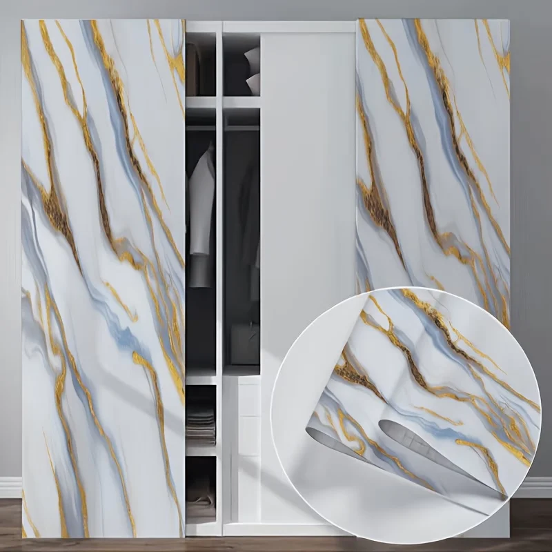 Gold-Veined Marble-Effect Stickers Peel-And-Stick Removable Suitable For Decorating Furniture Countertops And Walls.