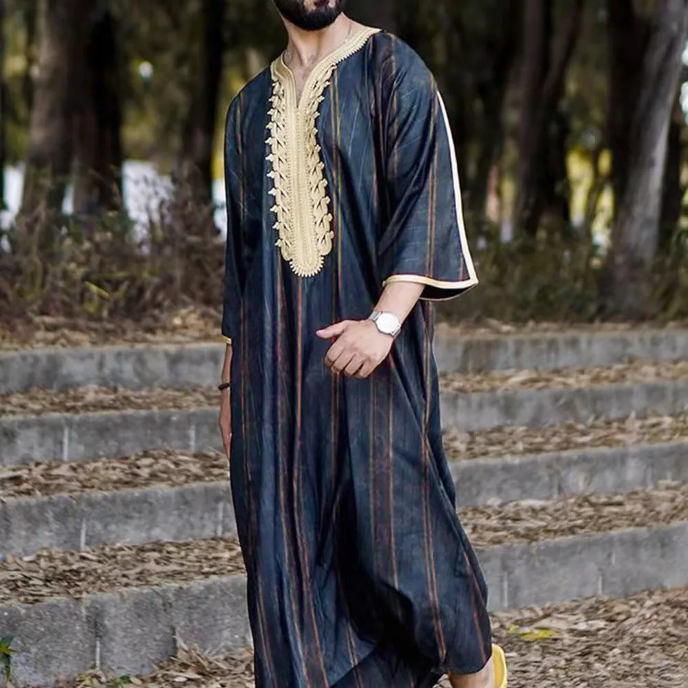 2024 New In Summer Muslim Traditional Oamis Male Prayer Clothing Morrocan Thobe Romadan Kaftan Short Sleeve Embroidery Gandoura