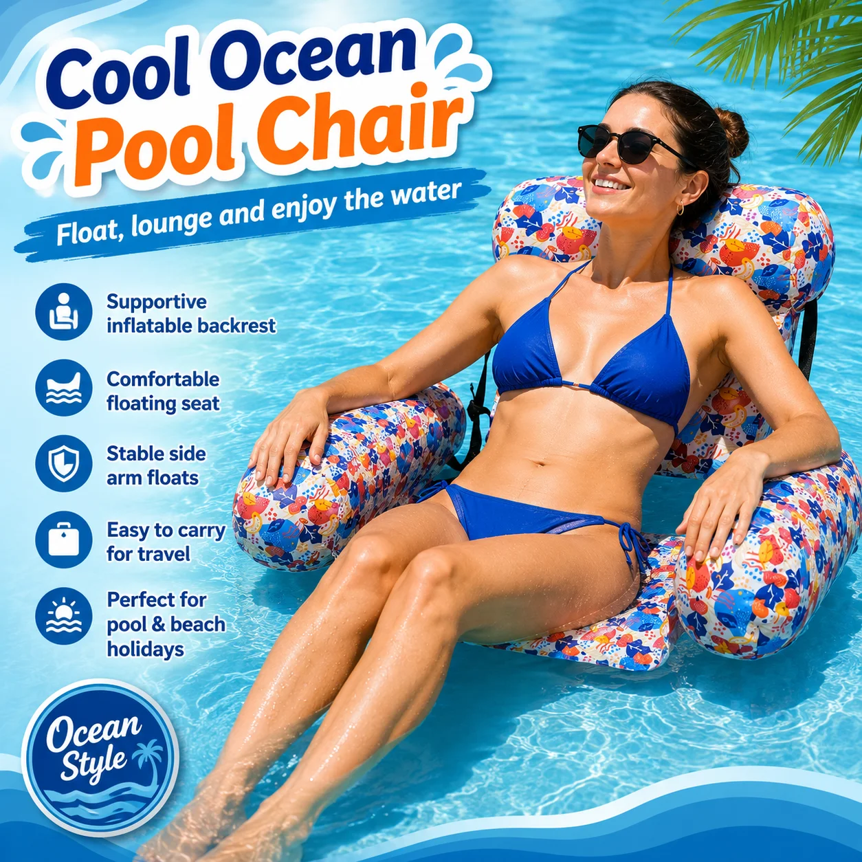 1PC Inflatable Pool Float Chair, Fabric Cover Water Hammock Lounge Seat with Headrest Armrests, Adjustable Straps for Pool Beach