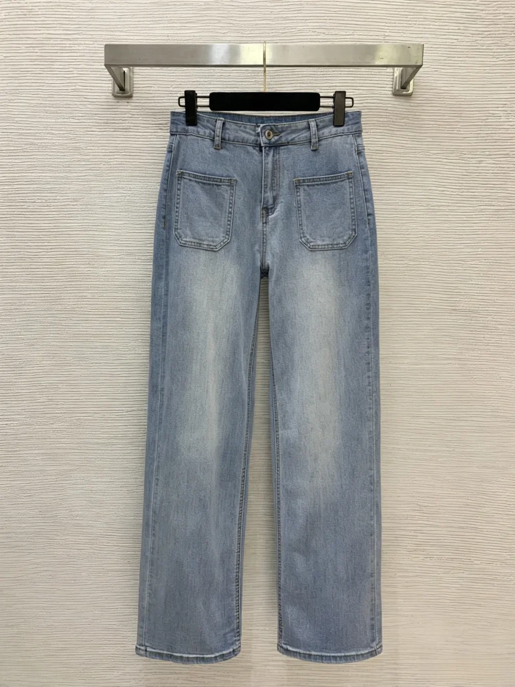

Spring/summer Women's Jeans With Letter Print Embroidery Pockets Washed Mid Waist Straight Leg Pants